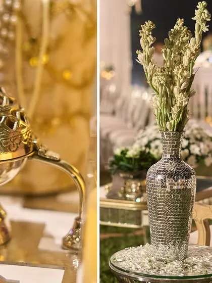 A traditional brass incense burner and a vase of tuberoses. I use elements like these to engage all the senses, especially smell, to create an immersive experience.