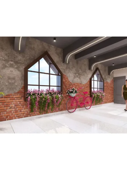 A whimsical design element for Evam Barista, featuring a pink bicycle against a brick wall with window boxes, adding a touch of rustic charm.