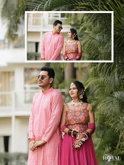 A stylish portrait of the couple during their Haldi ceremony, posing against a modern architectural backdrop.