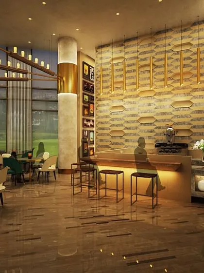 A render of the bar and lounge area for the M3M Golf Estate, designed to be a sophisticated social hub. The design features a warm material palette, dramatic lighting, and a textured feature wall, all intended to create a luxurious and inviting atmosphere in tune with the club's ethos.