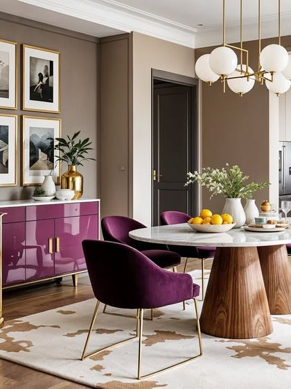 Exploring how purple can bring a unique energy to a dining area. Here, a glossy purple sideboard and velvet chairs add a bold, expressive touch to a modern space.