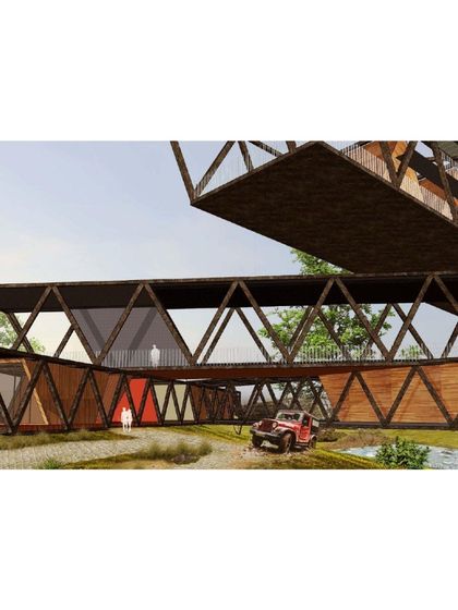 A conceptual render for the Mahindra Resort in Igatpuri. The design features a dynamic, truss-like structure that spans across the natural terrain, creating an adventurous and immersive guest experience.