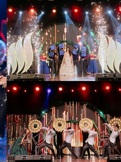 A collage showing the scale of our productions. We design performances with stunning sets, glamorous costumes, and special effects like cold pyros to make every act look grand.