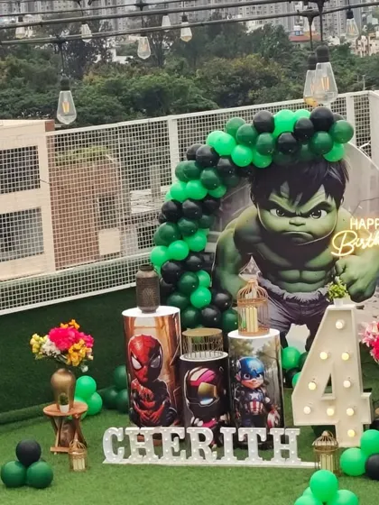 Another view of the rooftop Avengers party. This angle shows how the entire setup works together with the city background, creating an exciting atmosphere for a child's superhero birthday.