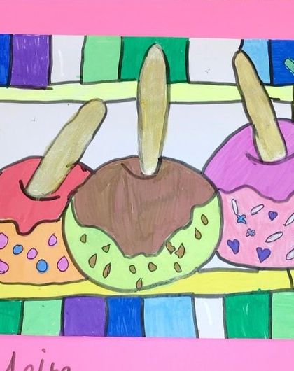 This still life of candy apples is a fun way to practice drawing circles, patterns, and textures. The checkered border adds a nice graphic touch.
