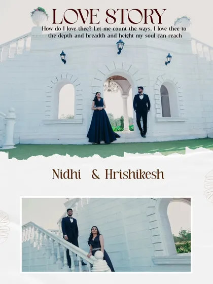 This "Love Story" album page uses the grand staircase and architecture of the studio set to create a dramatic and beautiful backdrop for the couple.