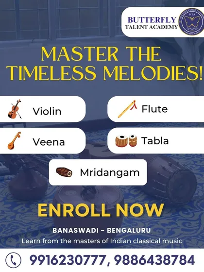 We honor the rich heritage of Indian classical music by offering expert training in a variety of traditional instruments. This image highlights our programs for violin, flute, veena, tabla, and mridangam, taught by masters of the craft.