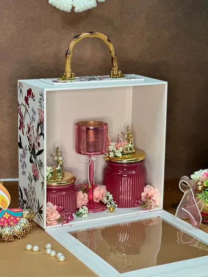This view shows the hamper box with its mirrored door open, revealing the beautifully arranged jars and candle inside. It’s a practical design that makes for a stunning presentation.
