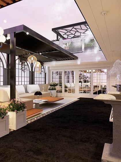 An overview of "The Palms," a terrace project in Pitampura with a distinct English courtyard theme. The design uses a white color palette, classic architectural details, and a stone fountain to create a timeless look.