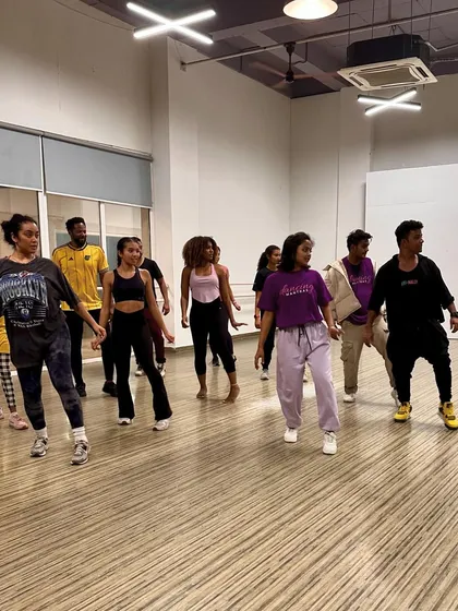 A wide shot of a Bollywood workshop in progress. We welcome dancers of all ages and backgrounds.