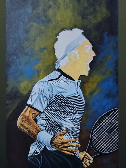 The Roger Federer painting in progress. At this stage, the shirt and arm are detailed, but the face and hair are still waiting for color, showing the layering process I use.