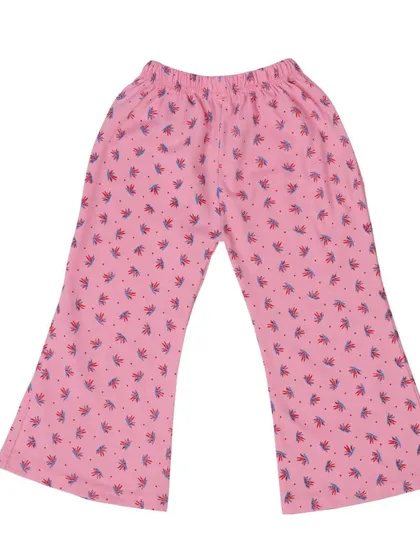 The printed pants from a pink kids' pajama set, photographed on a clean white background. This allows customers to see the pattern and cut clearly.