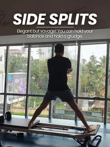"Side Splits" on the reformer are elegant but savage. This move challenges your balance, inner thigh strength, and control.