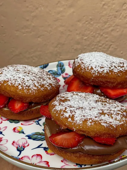 During strawberry season, I make these amazing Nutella and fresh strawberry stuffed donuts. The combination is simply divine.