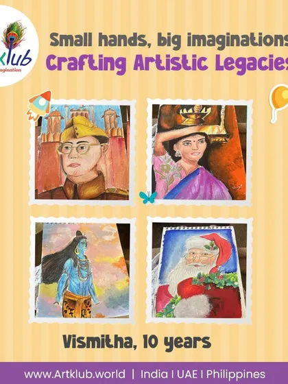 We are incredibly proud of the sophisticated work our older campers produce. This collection by 10-year-old Vismitha shows the range we explore, from detailed portraits of historical figures to vibrant depictions of cultural icons. Our curriculum for older kids is designed to challenge them and refine their traditional painting and drawing skills.