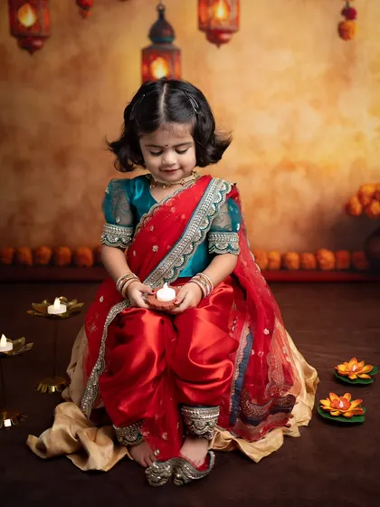 The warm glow of diyas and traditional attire makes for magical Diwali photos. This little girl is holding a diya in a festive setup, creating a memory to cherish for years.
