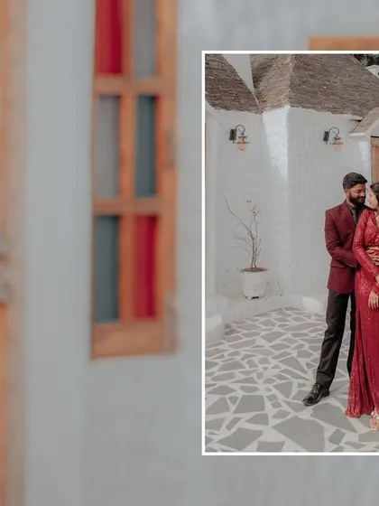 A creative diptych showing the couple's connection, with a close-up of the bride's hand on the groom's shoulder and a wider shot of their embrace.