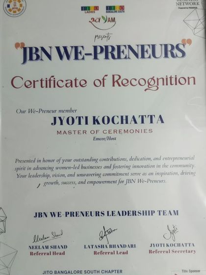 My certificate of recognition for my contributions as a member of JBN We-Preneurs. Being part of a community of women entrepreneurs is incredibly empowering.