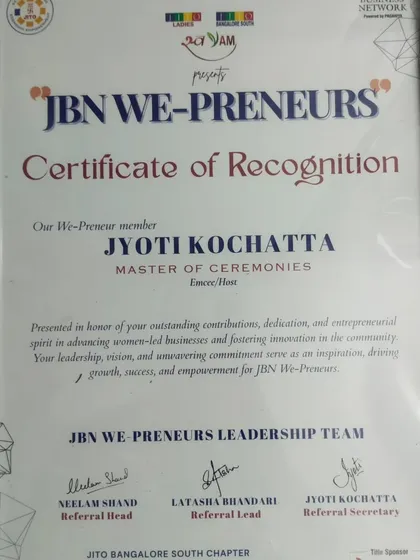 My certificate of recognition for my contributions as a member of JBN We-Preneurs. Being part of a community of women entrepreneurs is incredibly empowering.