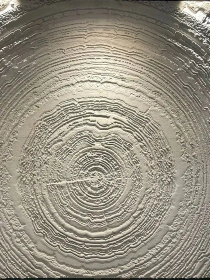 This sculptural wall panel mimics the rings of a tree trunk, creating a powerful, organic texture. It's a testament to the artistic possibilities of carved stone.