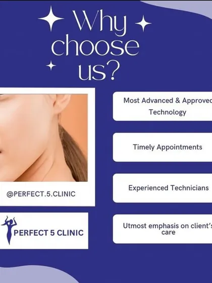 Why choose Perfect 5 Clinic? This graphic highlights our commitment to using advanced technology, providing timely appointments, employing experienced technicians, and placing the utmost emphasis on client care.