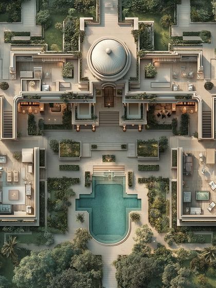 This blueprint for a grand estate shows my passion for symmetrical, classical architecture. I designed it with a central domed structure, expansive wings, and a formal pool, creating a sense of balance, history, and pure opulence.