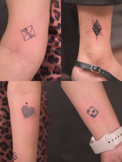 A collection of four meaningful, minimalist tattoos for Pratishtha, including a thumbprint heart, a geometric kite, a half-full glass, and a symbol for abundance.