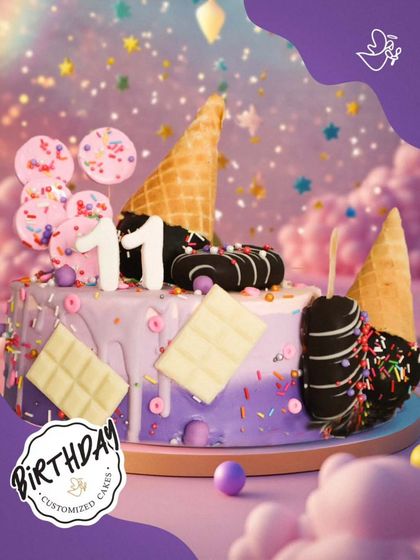 A whimsical candy-themed cake for an 11th birthday. This fun creation is topped with ice cream cones, donuts, and white chocolate bars for the ultimate sweet tooth.