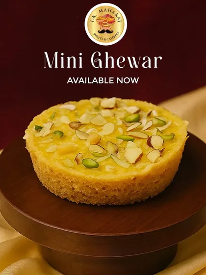 My Mini Ghewar, loaded with almonds and pistachios. These single-serving delights offer the same maximum taste in a smaller package, perfect for individual gifting.