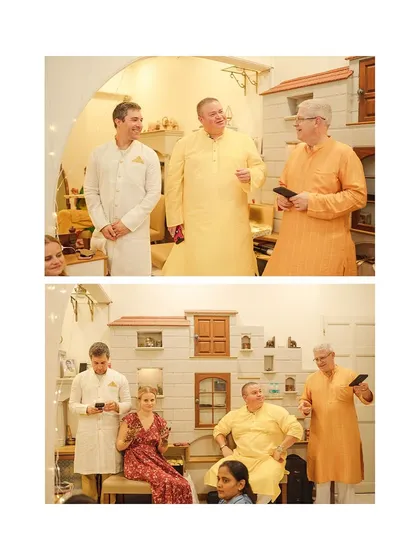 Family members from different cultures coming together, sharing stories and laughter during the pre-wedding functions.