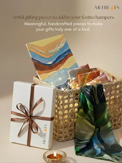 Gifting is an act of connection, and I create my pieces to be part of that story. This hamper shows how you can combine my work, from a small canvas to a collection of artful scarves, to create a truly one of a kind gift that carries emotion and meaning.