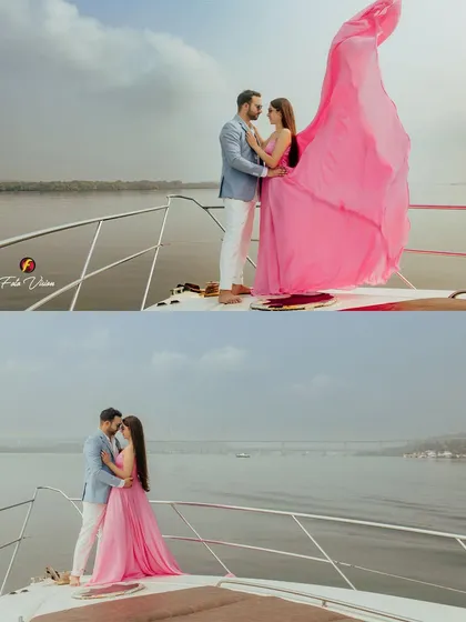 A dramatic pre-wedding portrait on a yacht, with the bride's long pink dress flowing in the wind, creating a cinematic and breathtaking image.