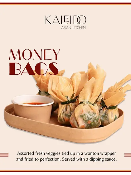 These are my Money Bags, a type of fried wonton filled with assorted fresh vegetables. They are shaped to resemble ancient purses, symbolizing prosperity and good fortune with every crunchy bite.
