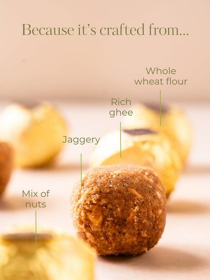 This is what goes into my Panjiri Laddoos: whole wheat flour, rich ghee, jaggery, and a mix of nuts. No artificial flavors, no preservatives, just wholesome bites of happiness.