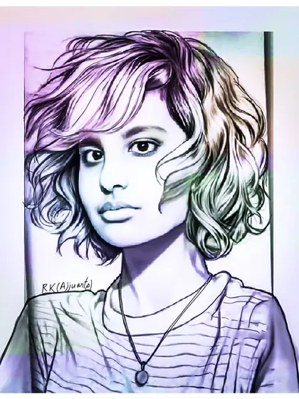 This digital portrait has a dreamy, purple and blue gradient applied, giving it a completely different mood. It shows the versatility of digital art.