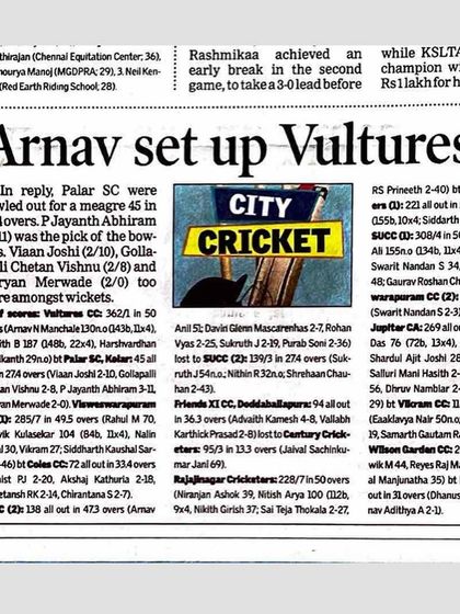 A detailed report on the Vultures' victory, set up by Arnav's performance. These articles provide valuable records for a player's portfolio.