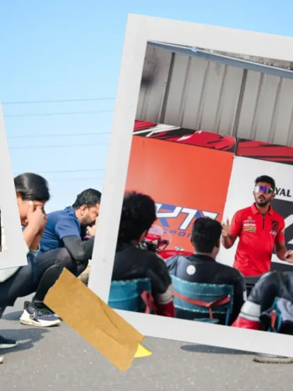 A collage showing a classroom session and riders listening intently.