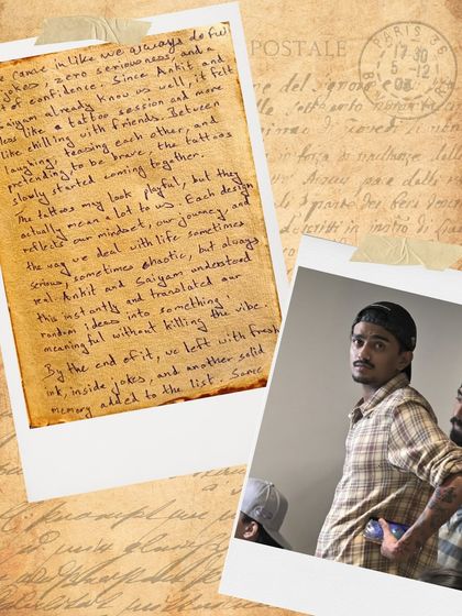 A handwritten note from friends Ansh and Devang, sharing how their random, chaotic ideas were turned into meaningful tattoos in a session that felt like chilling with friends.