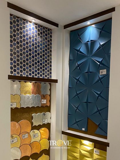 Explore a world of color and shape with these designer tiles. This display highlights our range of unique formats, from scalloped and hexagonal mosaics to bold, geometric 3D panels.