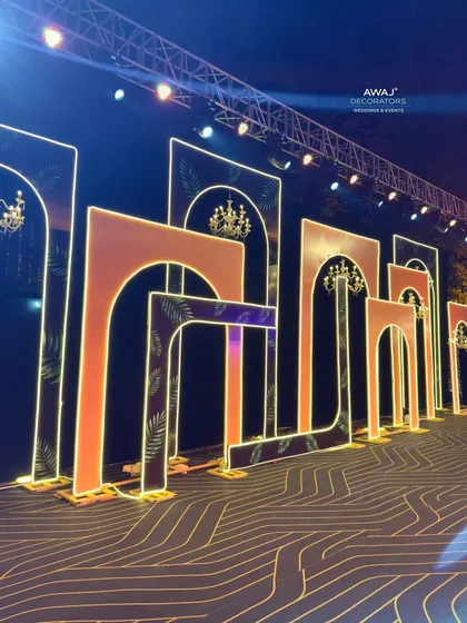 Another perspective of the layered arches, showcasing the intricate design and the warm glow of the lights.