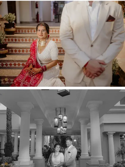 A diptych from Isha and Kyle's cocktail reception. It shows a beautiful portrait of the bride and a black and white shot of the couple, telling the story of their elegant evening.