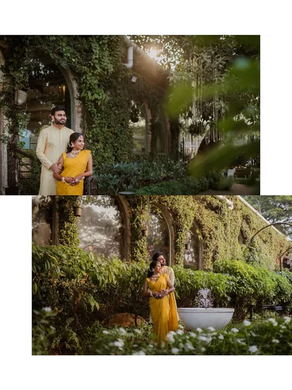 A diptych showcasing the beautiful decor and a tender moment at a Haldi ceremony. The images highlight the lush green venue and the couple's happy embrace.