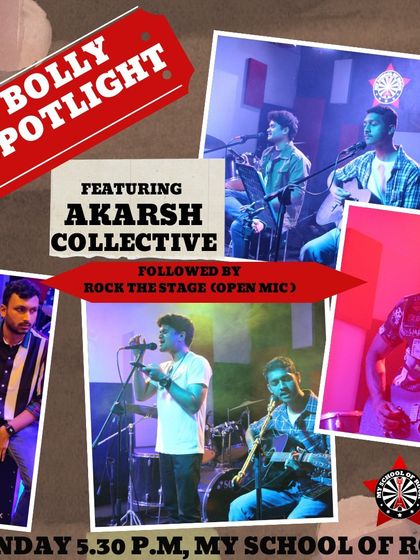 Another poster for the "Bolly Spotlight" night, highlighting the featured band and the open mic opportunity.