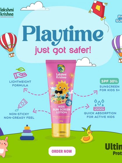 Playtime just got safer with our Kids Sunscreen Lotion. This graphic details its benefits: a lightweight, non-sticky, quick-absorbing formula with SPF 30, offering ultimate protection for active kids.