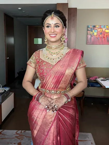 A happy and glowing South Indian bride. My goal is always to make my brides feel like the best version of themselves on their special day.