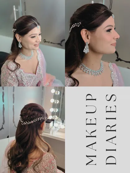 This collage shows the complete look for a Sangeet or engagement ceremony. I created a soft glam look with a shimmering eyeshadow, defined brows, and a half-up braided hairstyle with delicate accessories, perfect for a night of celebration.