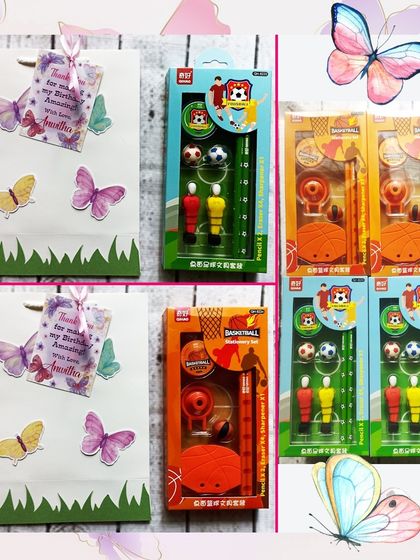 Here I've combined the butterfly theme with sports-themed stationery sets, showing how I can cater to different interests even within a single party.