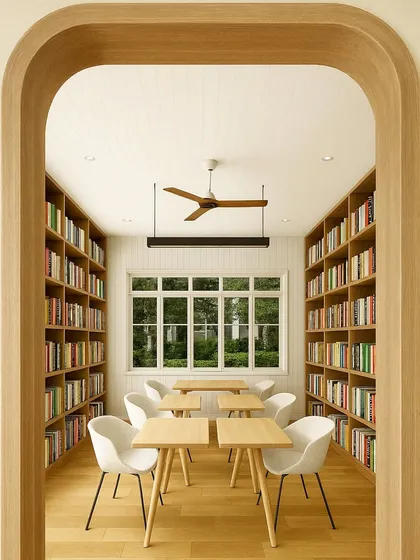 Symmetry and simplicity define this serene reading room at Queen’s College. Framed by a beautiful wooden arch, the space uses full-height bookshelves and minimalist furniture to create a quiet, light-filled sanctuary for students.