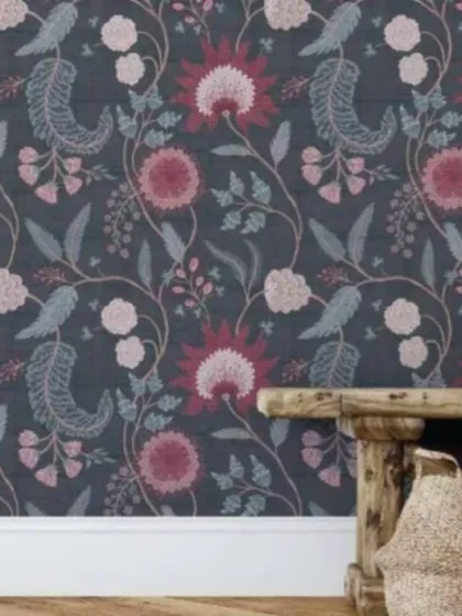 The same folk-art floral pattern, but in a dramatic dark grey and pink color scheme. This shows how a change in color can completely alter the mood of a design.