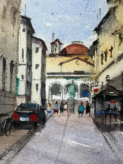 A close-up of my Florence cityscape watercolor. I focused on the details of the buildings and the sense of depth in the narrow street.